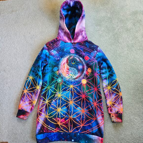 Yes We Vibe Groovy Chakra Peace Hoodie size Large Tunic Length Kangaroo Pocket - Picture 1 of 10